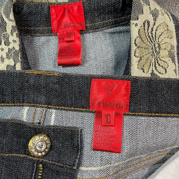 V Cristina Denim Suit-Lace Detail and Jeweled Buttons. - Picture 9 of 16